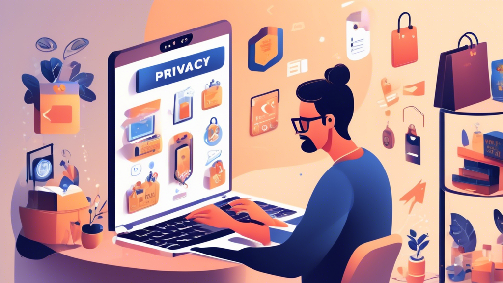 Create a detailed and visually appealing illustration of an online store owner crafting a privacy policy. The scene includes a laptop displaying a 'Privacy Policy Template' on the screen, with the store owner's surroundings filled with various e-commerce icons (shopping cart, shield lock, GDPR compliance badge). The background shows a well-organized home office with soft lighting and modern decor.