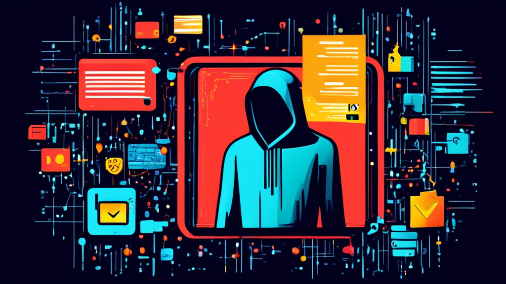 Create an image depicting a digital guardian shielding personal data symbols with icons like passwords, emails, and credit cards, from incoming hacker symbols and viruses. The scene should be set against a backdrop of interconnected digital networks, representing the internet.