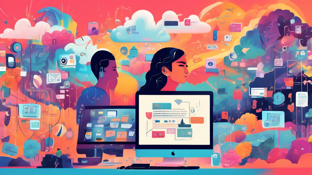 A digital illustration showcasing a serene digital landscape split into two halves: one half depicts a chaotic, colorful storm of pop-up ads, data streams, and surveillance eyes. The other half shows a calm, private browsing scene with a peaceful user sitting in front of a computer, surrounded by symbols of security and privacy like padlocks, shields, and incognito mode icons. The private browsing side is depicted in soothing shades of blue and green, while the chaotic side contrasts with jarring reds and yellows.