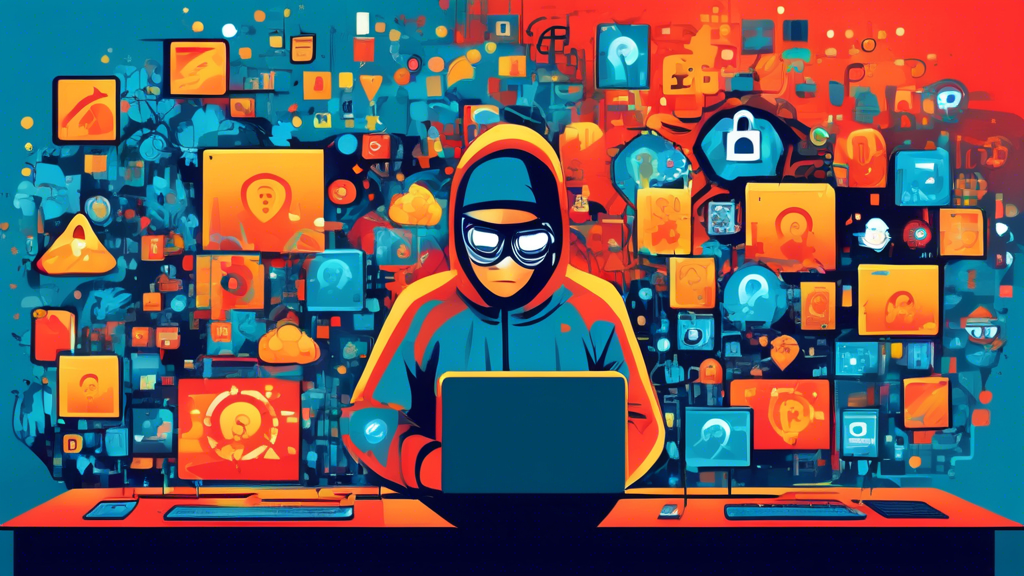 Create an illustration that represents online privacy protection, featuring a person using a laptop surrounded by digital shields and locks while various cyber threats like viruses and hackers are blocked outside. The background should hint at a virtual world with floating data and secure networks.