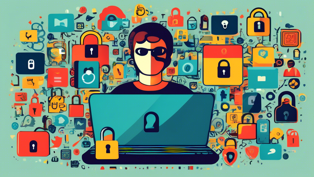 Create an image depicting a person using a laptop with various symbols of online privacy and security around them, such as padlocks, shields, and encrypted code. The background should feature icons of popular online services like social media, email, and cloud storage, emphasizing the need for vigilance and protection in digital interactions.