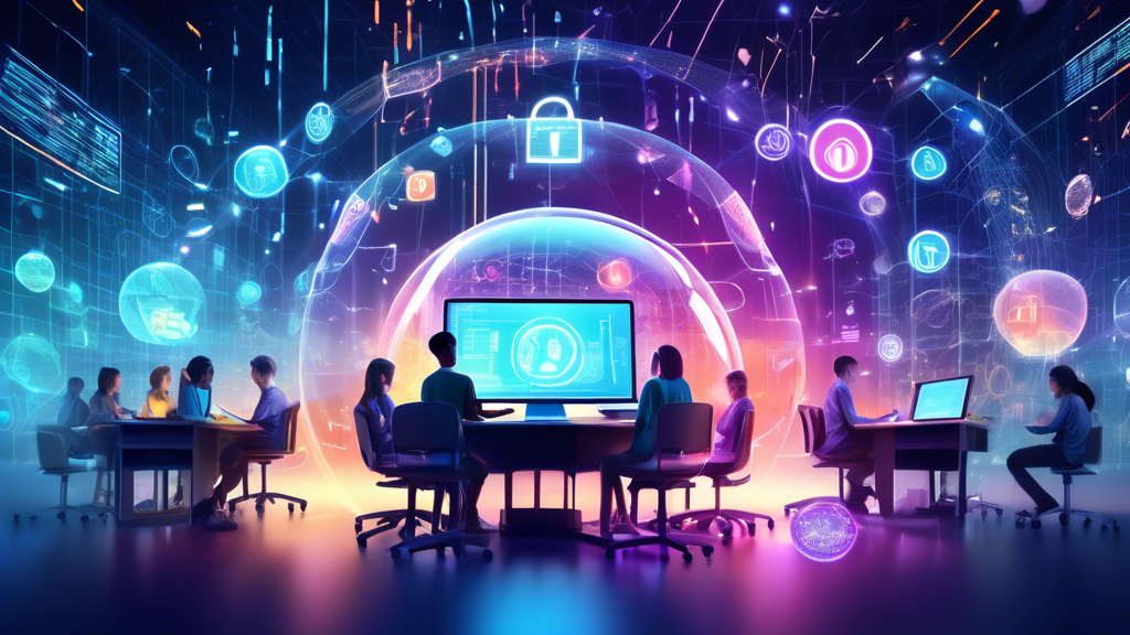 Create an image depicting a futuristic online learning environment where students are surrounded by a glowing, protective bubble of data encryption symbols. Each student sits at a desk with holographic screens displaying a variety of academic subjects. In the background, a digital landscape represents a network, with padlock and shield icons symbolizing security and privacy. The scene is vibrant and colorful, illustrating a harmonious blend of technology and safety in education.