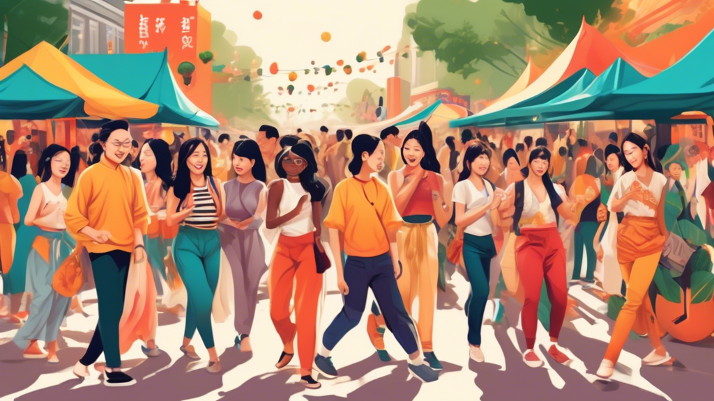 Create an image depicting a vibrant and energetic scene of a diverse group of people from different backgrounds coming together in a public space, like a park or street festival. They are all actively engaging with various cultural activities that blend contemporary and traditional East Asian influences, symbolizing the rise of Cal Oppa. Include details like a mix of modern fashion, street food stalls, live K-pop performances, and traditional art displays, capturing the dynamic and inclusive spirit of this cultural trend.