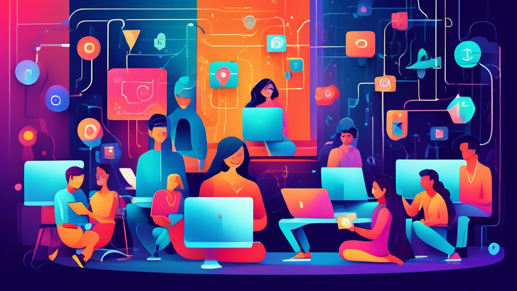 Create a digital illustration that visually represents the concept of enhancing online privacy. The scene should include a diverse group of people of different ages and backgrounds sitting at their computers and mobile devices, each surrounded by symbolic elements like digital locks, shields, encryption codes, and private networks. The backdrop should be a web of interconnected nodes, with secure pathways highlighted in a vibrant color to indicate protected data flow. The overall tone should be empowering and positive, suggesting simple yet effective solutions for safeguarding personal information on the internet.