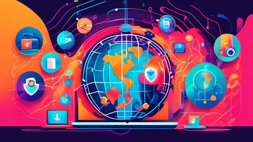 Create an imaginative and visually engaging illustration that depicts various strategies for protecting online privacy. Include elements such as a digital lock enveloping a globe to symbolize global digital security, a person using a VPN shield while browsing on a laptop, encrypted text flying across a network to depict encrypted communications, and a virtual fingerprint being protected by a digital shield. Incorporate vibrant colors to represent the dynamic and multifaceted nature of cybersecurity.