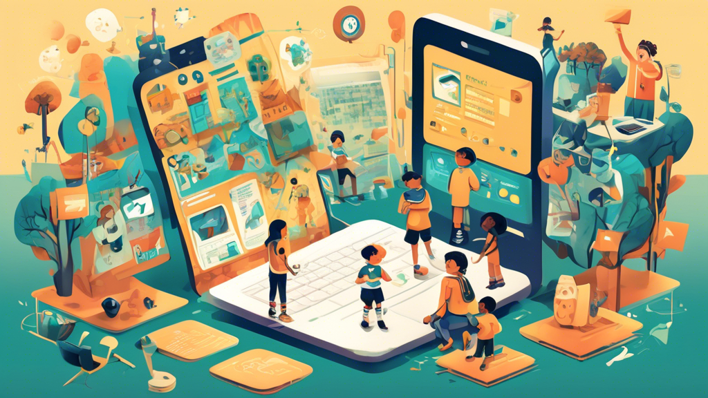 Create an illustration of a digital landscape representing the concept of online privacy for children. The scene includes symbols of protection like locks and shields, a diverse group of children safely browsing the internet on various devices, and elements representing the Children's Online Privacy Protection Rule (COPPA) such as a checklist or document with COPPA written on it. The atmosphere should convey a sense of safety and responsibility in a digital world.