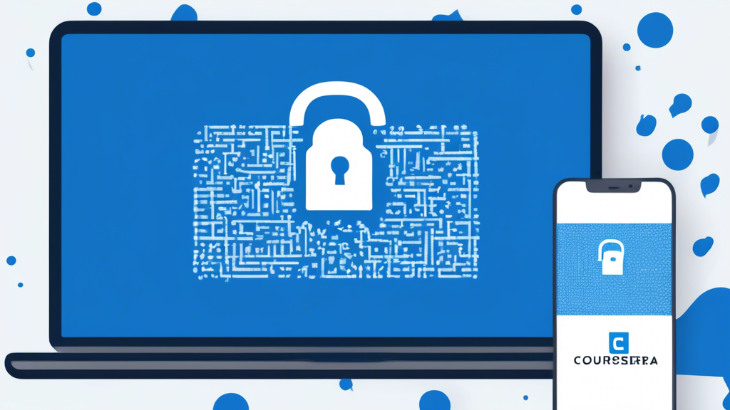 Create an image of a digital padlock symbol set against a backdrop of a computer screen displaying the Coursera logo. The padlock should have an aura or glowing effect to symbolize security. Around it, include subtle icons representing various online activities like coding, reading, and sharing, indicating digital learning. The color scheme should be professional and modern, incorporating blues and whites to reflect the Coursera branding. This image should convey a sense of digital privacy and protection in the context of online education.