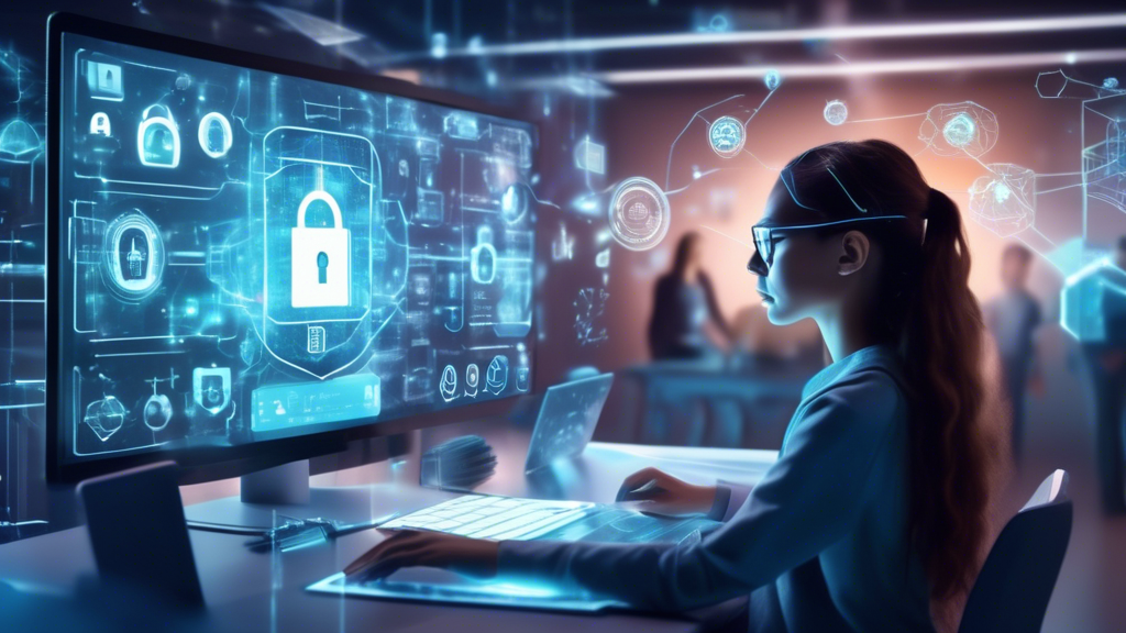 Create an image depicting a futuristic online learning environment where students are engaged in a virtual classroom through holographic displays. The scene should emphasize data privacy, featuring symbols like digital padlocks and encrypted codes floating around the students as they interact with their lessons. In the background, a teacher monitors the class while surrounded by secure data networks, represented by interconnected servers and cybersecurity icons. The overall atmosphere should convey a sense of advanced technology meeting strict data protection.