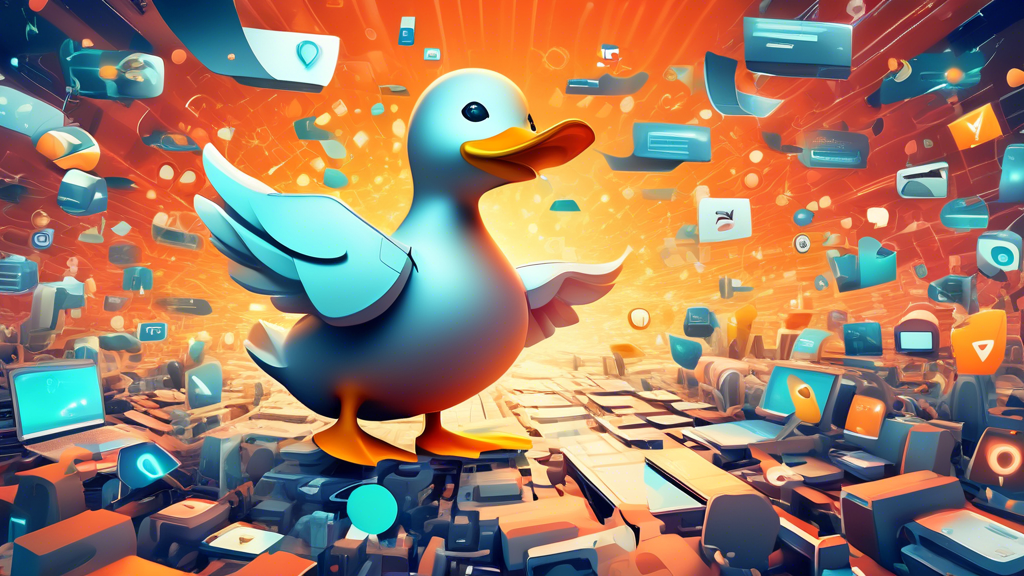 Create an illustrative image of a futuristic digital landscape featuring a friendly, anthropomorphic duck mascot soaring over a vast sea of search engine icons. The duck is wearing subtle superhero attire, representing the DuckDuckGo search engine, and is highlighted by a glowing shield with a lock symbol, symbolizing online privacy protection. Surrounding this central figure, incorporate various abstract visual elements that represent data privacy, security, and anonymity, such as transparent layers and encryption motifs. The background should be a vibrant mix of blues and greens, emphasizing the themes of trust and innovation.