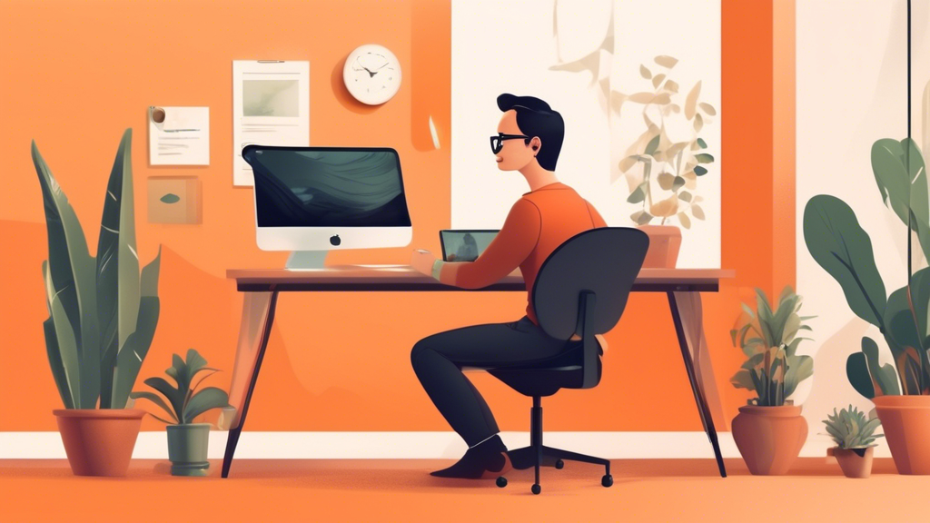 Create an image of a person sitting at a modern desk, using a computer displaying the DuckDuckGo browser interface. The scene should include an inviting home office setup with plants, a coffee mug, and soft lighting. The computer screen should prominently feature the DuckDuckGo logo and recognizable elements like the private search bar. The overall atmosphere should convey a sense of privacy, security, and user-friendly technology.