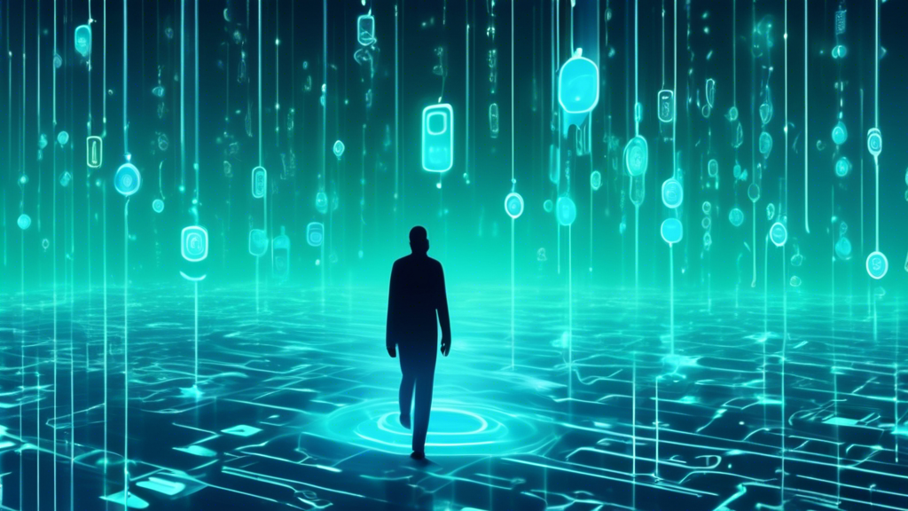 Create an image of a person walking through a digital landscape, leaving behind a series of glowing digital footprints. The scene should be rich in cyber elements like binary codes, data streams, and lock icons symbolizing security. The person is carefully observing their footsteps, illustrating the concept of being mindful of one's digital presence and privacy. Use a futuristic color palette of blues and greens to emphasize the technological aspect.