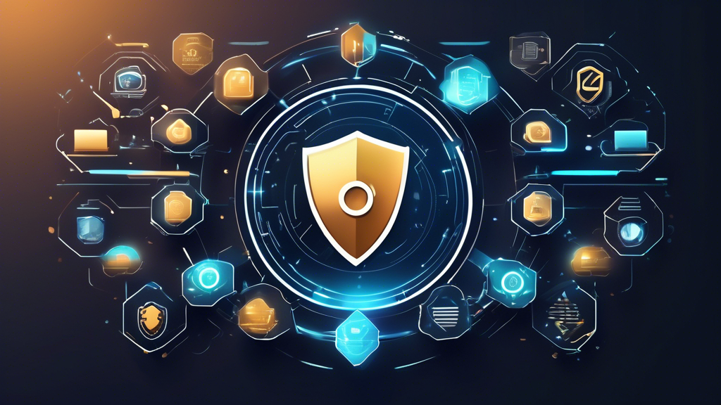 Create an image depicting a futuristic, digital landscape illustrating the concept of online privacy management. In the center, visualize a sleek, metallic shield symbolizing protection and security. Surrounding the shield, display various digital elements like email icons, social media symbols, and data streams being deleted or erased by a gentle swipe. Incorporate subtle text elements showing the words DeleteMe and Abine Inc in a techy, modern font. The overall atmosphere should convey a sense of control and empowerment in managing one's online presence.