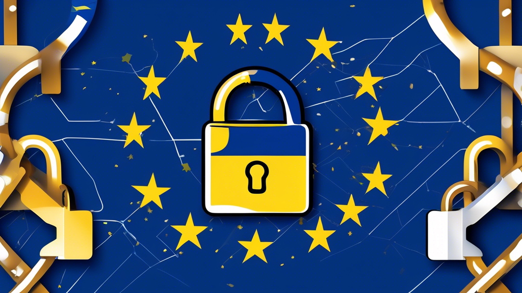 Create an image that illustrates the concept of European internet privacy, blending elements like the EU flag intertwined with a digital padlock. Incorporate a variety of devices such as a smartphone, tablet, and computer, with binary code subtly incorporated into the design. The overall look should convey the idea of security and privacy within the European digital landscape.