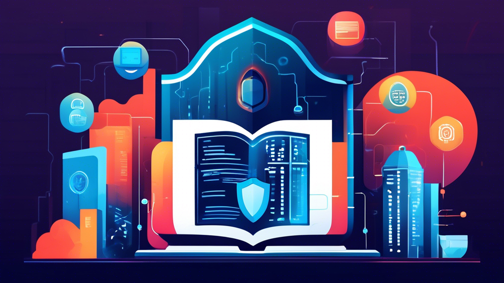 Create an image that visually represents the concept of privacy in online examination systems. Depict a shield icon symbolizing protection, with a digital open book and a futuristic cityscape of servers and computers in the background, all encased in an abstract representation of a policy document. Add elements that suggest the monitoring aspect, like subtle eye icons, paired with padlocks to emphasize security and privacy compliance. Use a color palette that conveys trust and technology, such as blues and silvers.