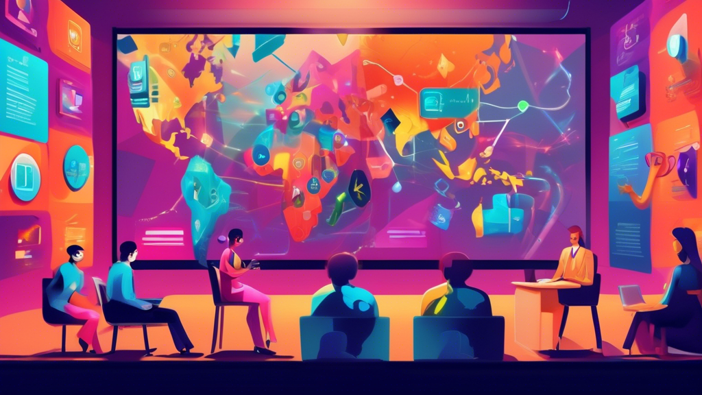 Create an image depicting a digital courtroom scene where anthropomorphic representations of online privacy and data protection are being debated against colorful representations of digital apps and websites. Include a large, prominent banner with the text Epic COPPA hanging in the background. The atmosphere should be dynamic and energetic, symbolizing the ongoing struggle for online privacy, with emphasis on the implications for children's online safety.