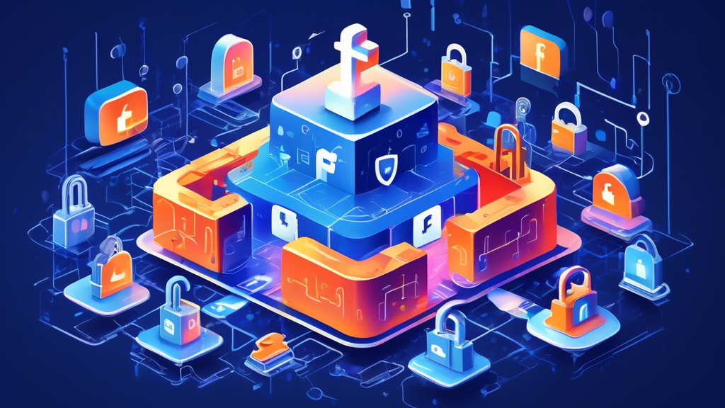 Create an image of a digital fortress surrounding a Facebook logo, symbolizing online privacy protection. The fortress is made of various digital security icons such as locks, shields, and keys. The background features abstract representations of data flow and connectivity, reflecting the theme of safeguarding personal information on social media. The overall tone should be modern and informative, illustrating the concept of secure online practices.