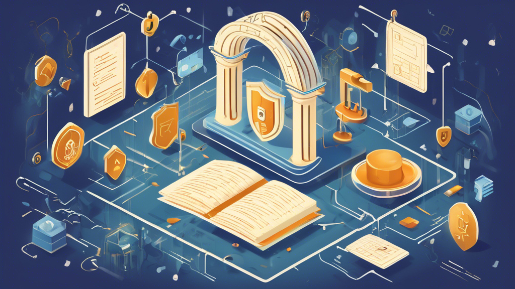 Create an image depicting a digital landscape symbolizing online privacy regulation by the FTC. The scene should include symbolic icons such as a digital shield representing data protection, a gavel symbolizing regulation, and a padlock representing security. In the background, there should be scrolls of binary code illustrating the online aspect, and the FTC building subtly integrated into the composition, conveying a sense of authority and governance in a futuristic, tech-oriented style.