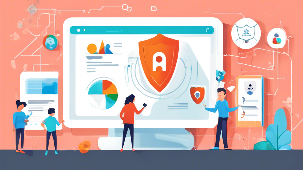 Create an illustration that visually represents the concept of Google Analytics adhering to COPPA (Children's Online Privacy Protection Act) regulations. The image should include symbolic elements such as a secure digital environment with child-friendly icons, like a lock, over a computer screen displaying analytic charts. Include elements that represent privacy protection, like a shield and a secure network, and incorporate some playful, colorful elements to indicate the focus on children's data privacy.