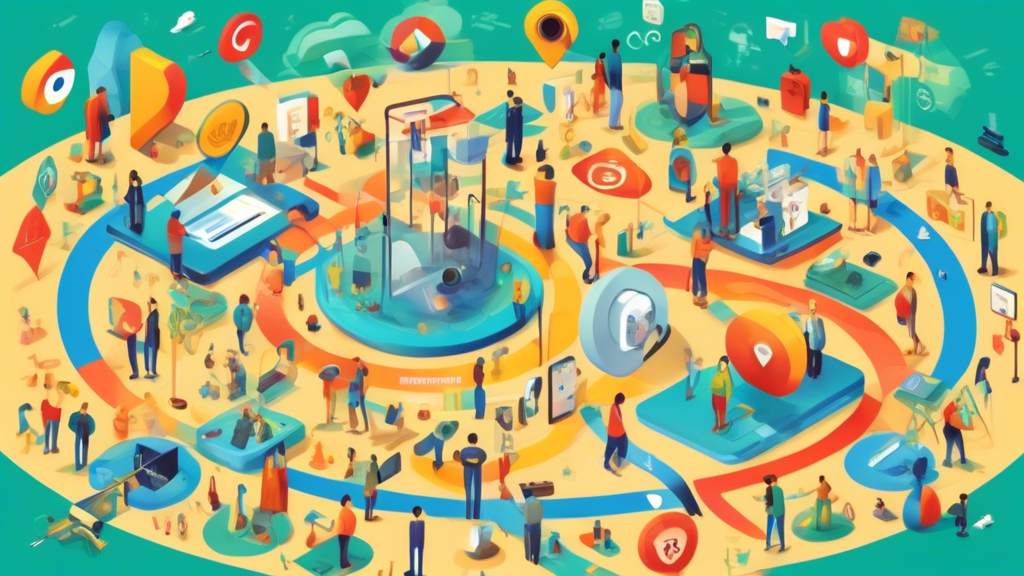 Create an image that illustrates the concept of Google Online Privacy by depicting a digital landscape where various Google services like search, maps, and ads are represented as colorful, intertwining pathways. In the center, place a large, transparent lock symbol, signifying privacy. Around the edges, include icons of security measures, such as shields and padlocks, along with diverse people looking contemplative and engaged, emphasizing user awareness and protection.